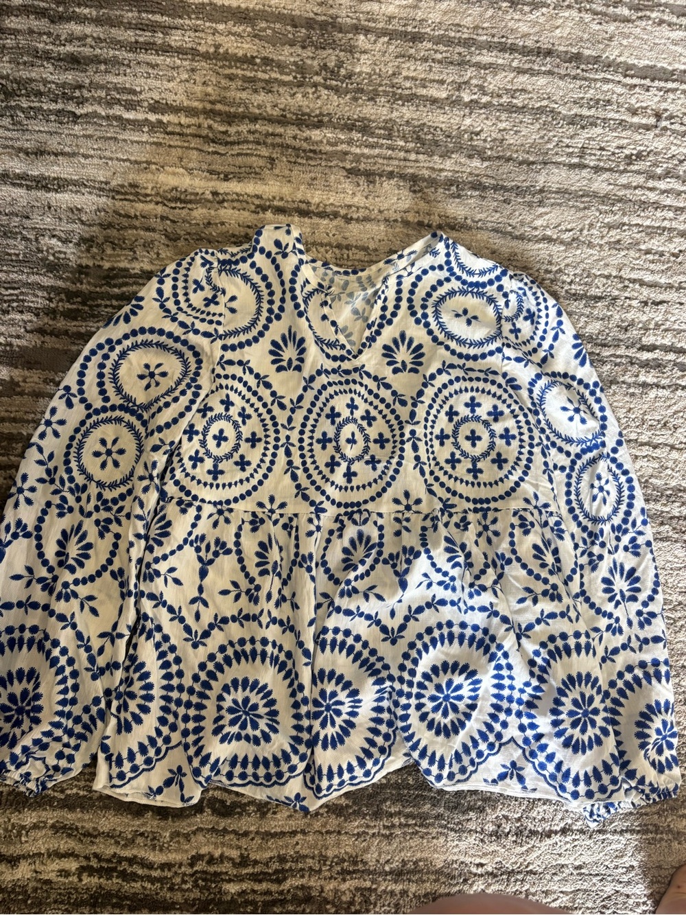 Women’s White Blouse with Blue Embroidered Medallion Pattern
